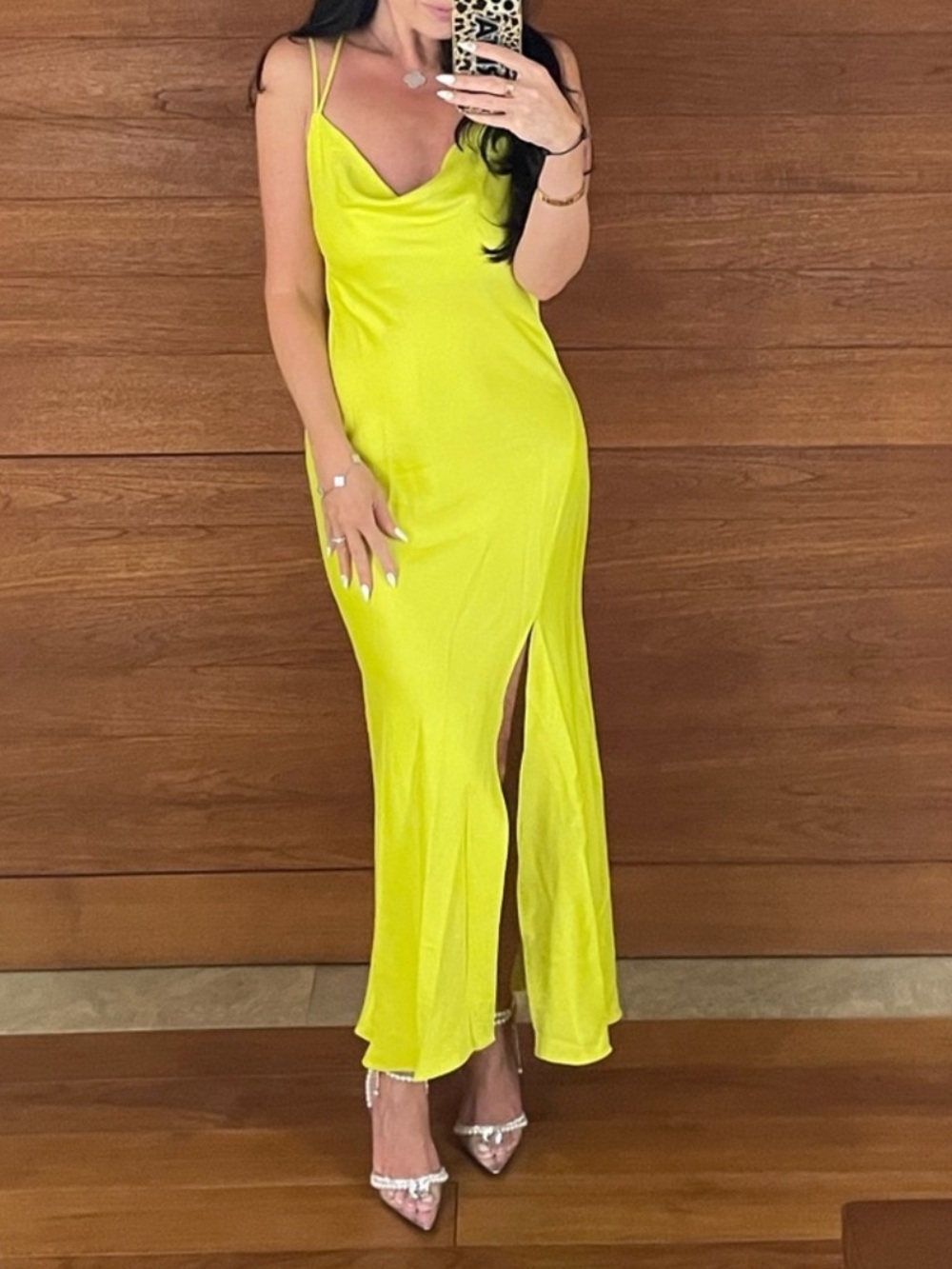 Zara Neon Lime Cowl Slip Maxi Dress with Side Slit